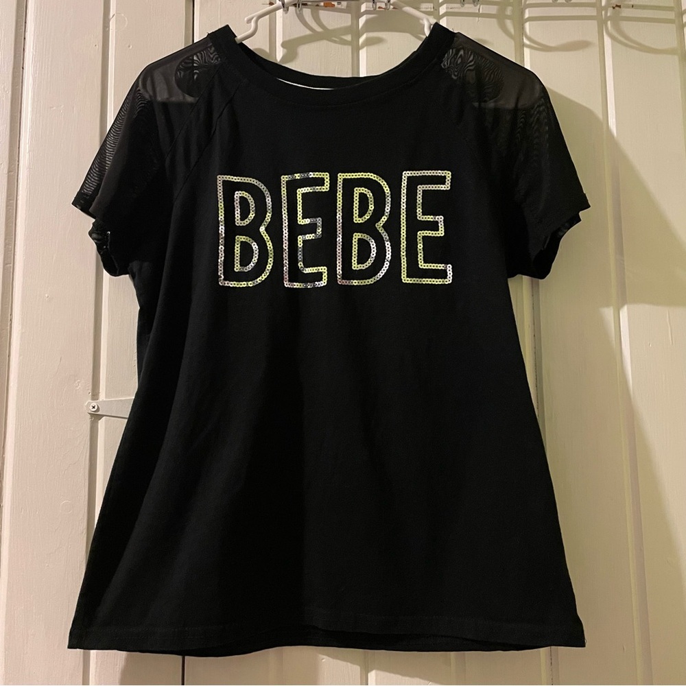 BEBE bling mesh sleeved sport tee-medium EUC